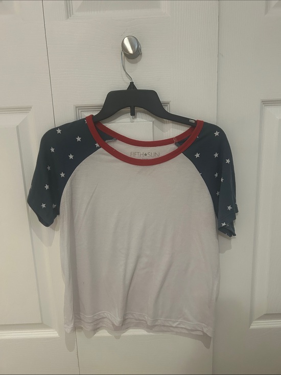 Fifth Sun Tops - Fifth Sun White Tee with Navy Star Raglan Sleeves and Red Trim